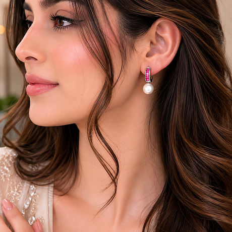 Close-up of a woman wearing pearl earrings with a blurred background