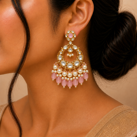 Close-up of a woman wearing a gold and pearl earring with pink beads.