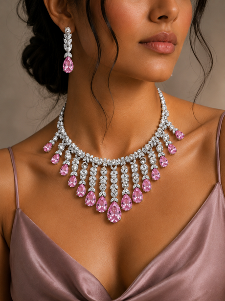 Woman wearing a sparkling necklace and earrings with pink gemstones against a neutral background