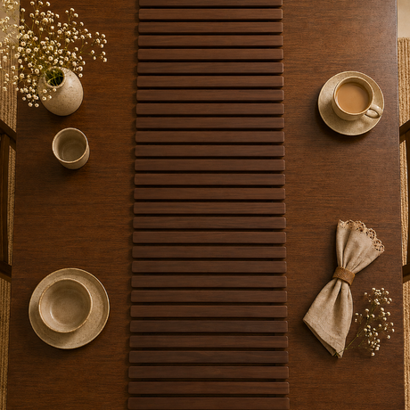 Wooden table setting with a cup, saucer, and napkin on a brown tablecloth.
