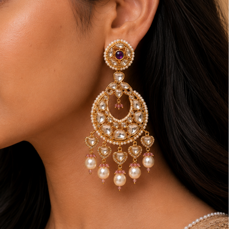 Close-up of a woman wearing a gold earring with pearls and a dark background
