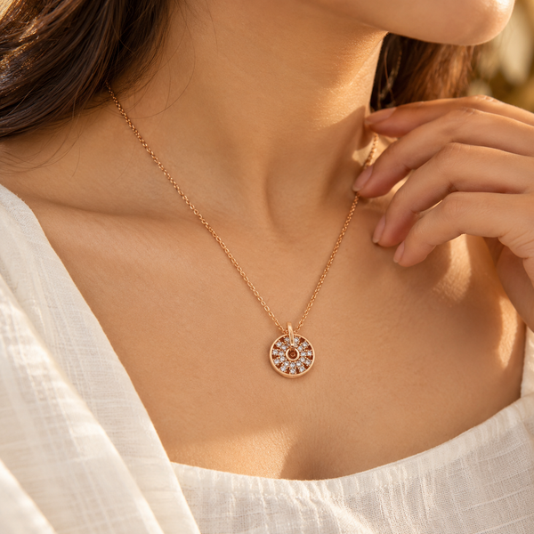 Sunburst Diamond Circular Pendant Necklace in Rose Gold