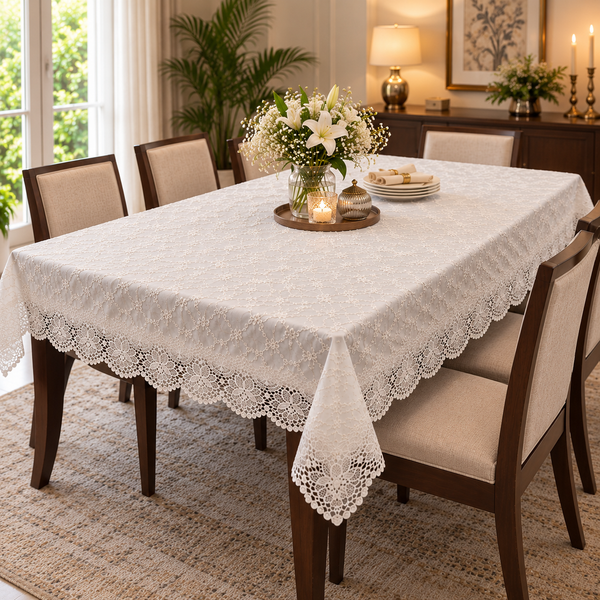 Elowen White Diamond Trellis Lace Tablecloth 60x90"