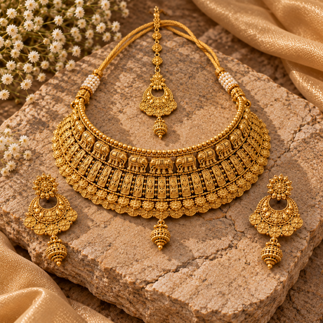  Ribbed Choker, Chandbali Earrings & Maang Tikka