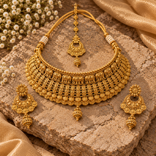  Ribbed Choker, Chandbali Earrings & Maang Tikka