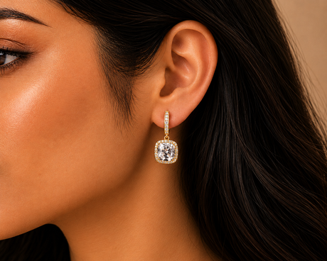 Close-up of a woman wearing a diamond earring with a neutral background