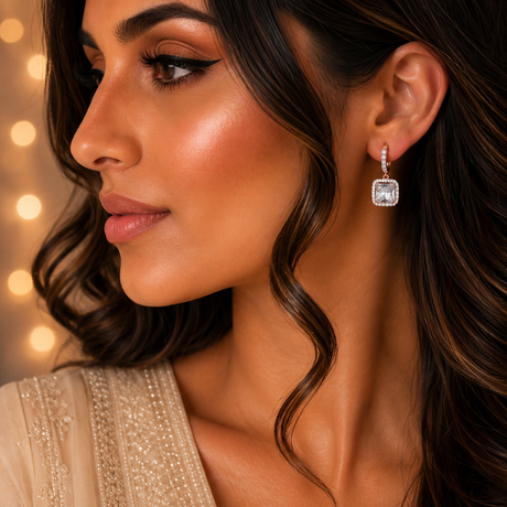 Close-up of a woman wearing a diamond earring with a blurred background