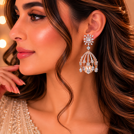 Close-up of a woman wearing a sparkling earring with a blurred background