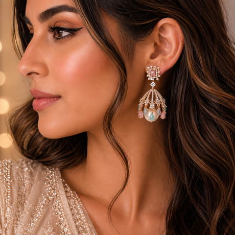Close-up of a woman wearing a sparkling earring with a blurred background