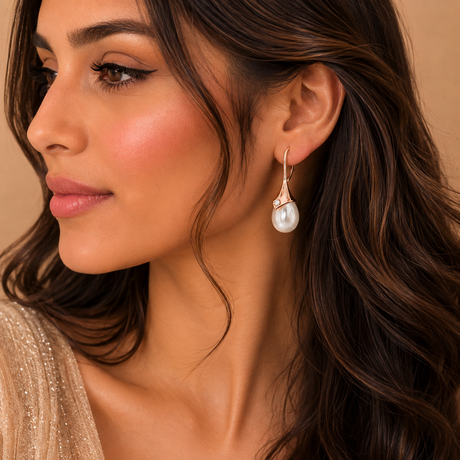 Close-up of a woman wearing pearl earrings with a neutral background
