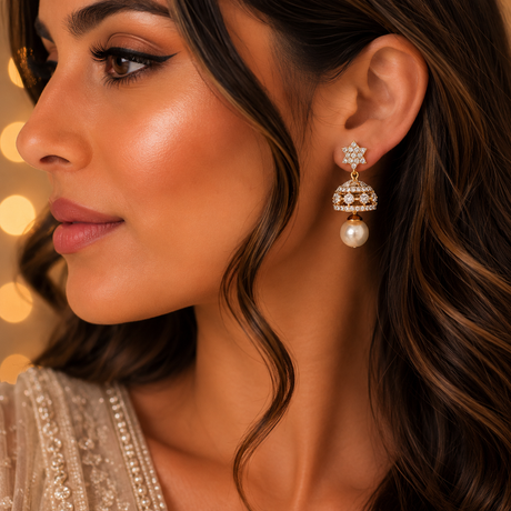 Close-up of a woman wearing elegant earrings with a warm, blurred background.