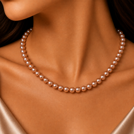 Pearl necklace on a person's neck with a neutral background