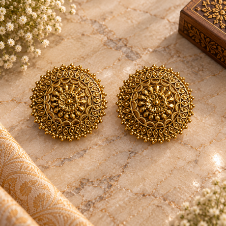 A pair of round, ornate gold-toned earrings with intricate filigree and beadwork, displayed on a beige marble surface with decorative floral and fabric props.