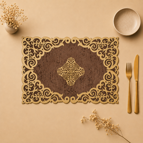 Decorative placemat with intricate cut-out design on a beige surface with cutlery and flowers.