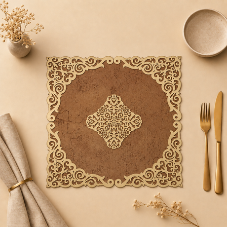 Decorative laser-cut paper placemat with intricate patterns on a beige surface with cutlery and flowers.