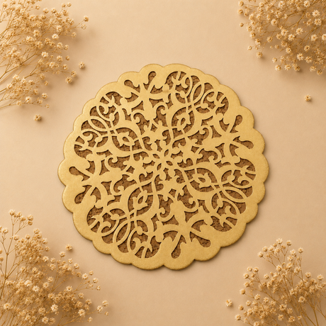 Decorative wooden cutout with intricate patterns on a beige background with dried flowers.
