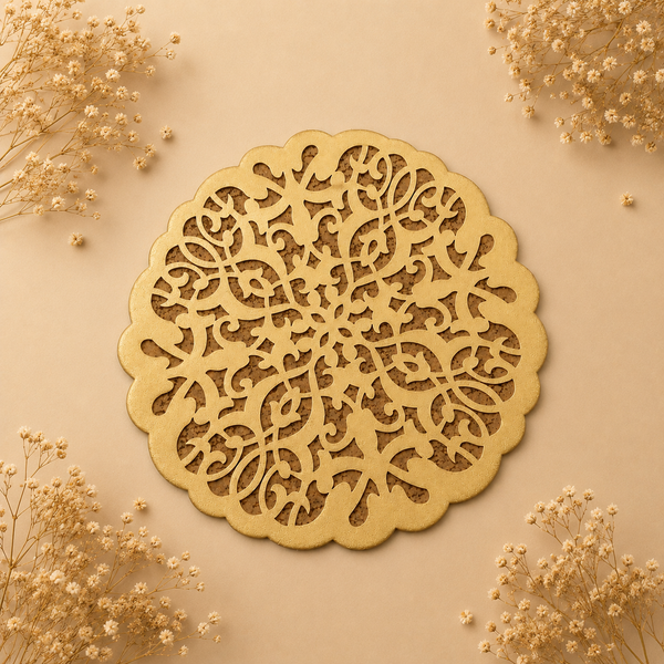 Decorative wooden cutout with intricate patterns on a beige background with dried flowers.