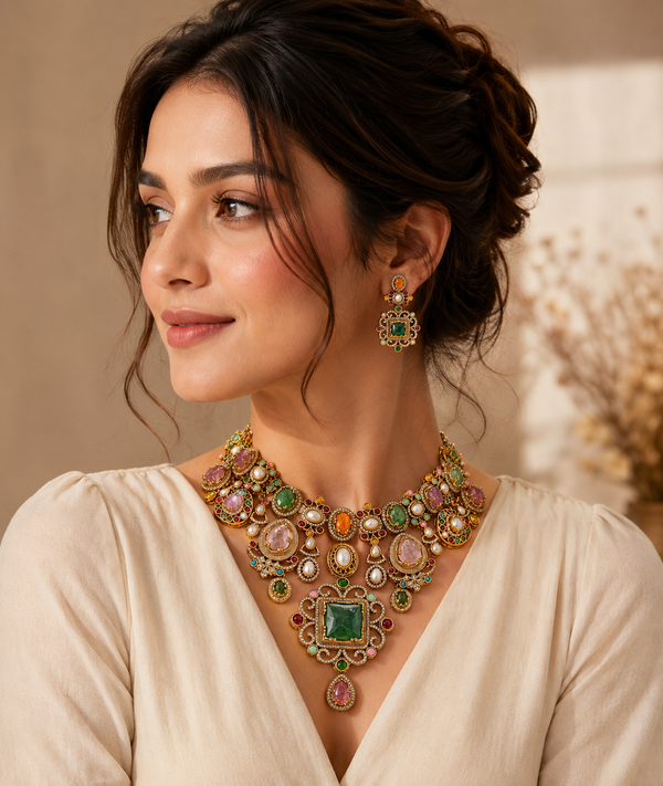 Woman wearing a colorful necklace and earrings with a neutral background