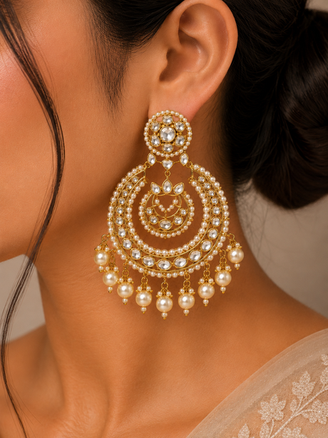Close-up of a woman wearing a gold and pearl earring.