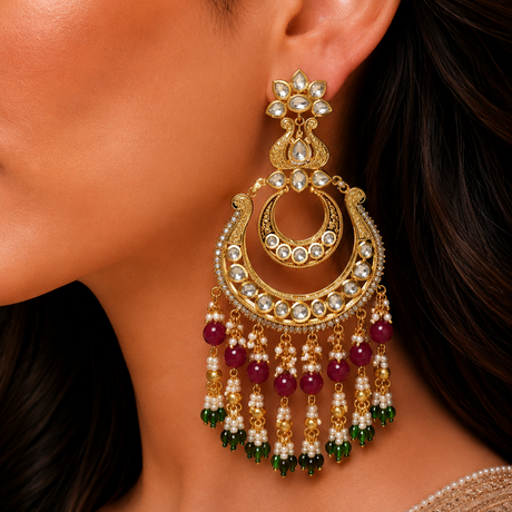 Close-up of a woman wearing a gold earring with red and green beads.