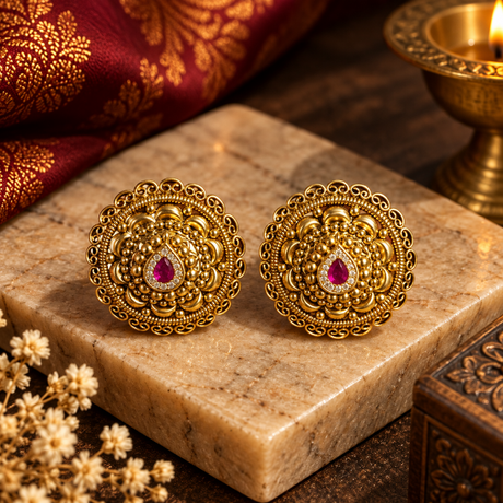A pair of ornate gold-toned Indian earrings with central pink gemstones, displayed on a beige stone slab with a red patterned fabric and a brass diya in the background.