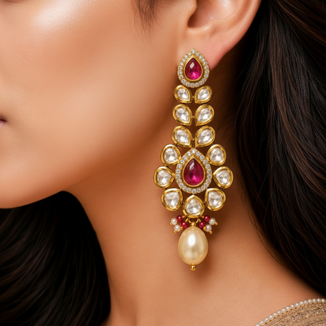 Close-up of a person wearing a gold earring with red and pearl accents.