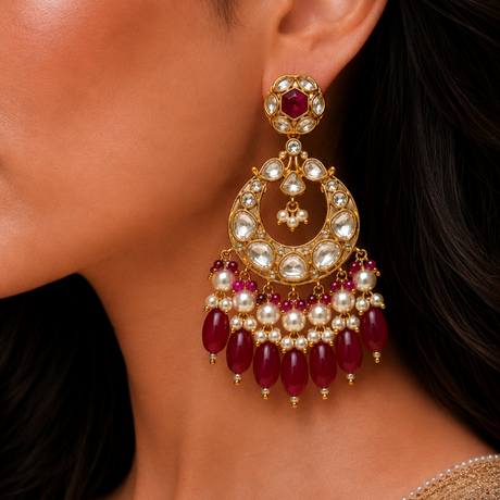 Ornate earring with red and white stones worn by a person