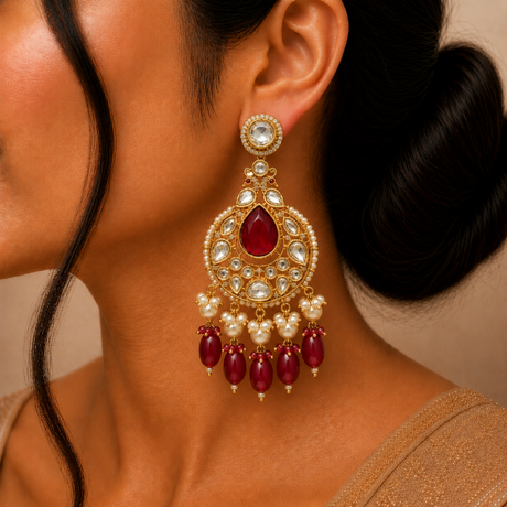 Close-up of a woman wearing a gold earring with red and white stones.