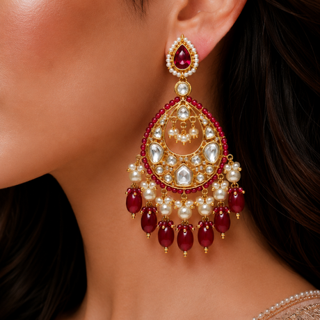 Close-up of a woman wearing a decorative earring with red and white stones.