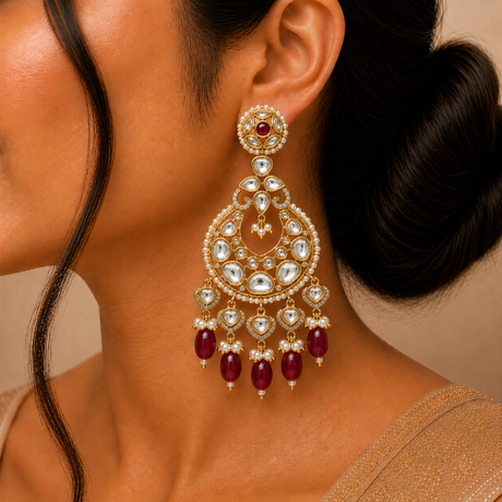 Close-up of a woman wearing a pair of ornate earrings with red and white stones.