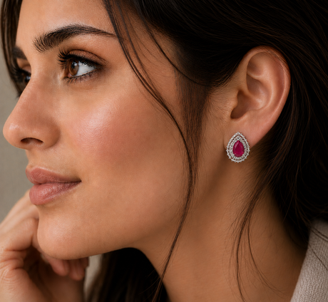 Close-up of a woman wearing a silver earring with a red gemstone.