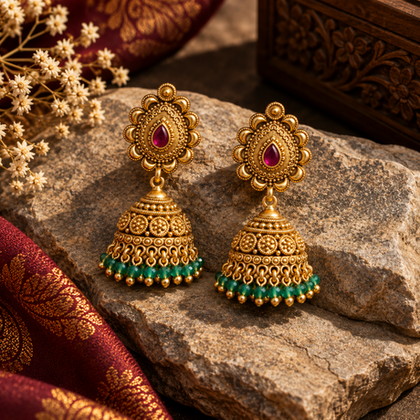 Ruby Stone Jhumka Earrings with Green Bead Drop