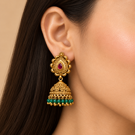 Ruby Stone Jhumka Earrings with Green Bead Drop