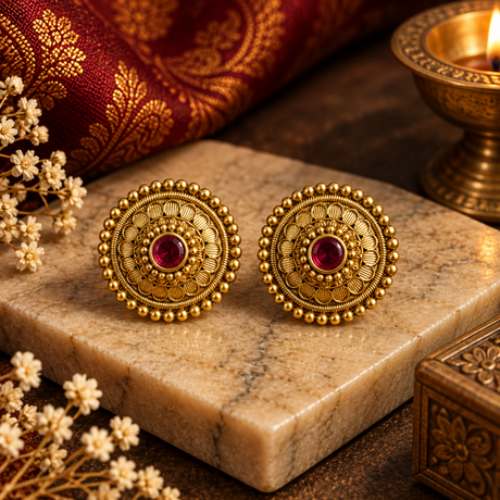 A pair of ornate gold-toned Indian-style earrings with circular filigree patterns and central red gemstones, displayed on a beige marble block with decorative props.
