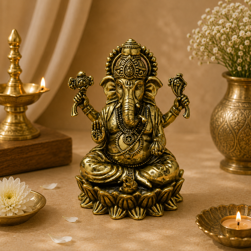 Seated Ganesha brass idol 2.7 inch with Om symbol on palm and ornate crown, antique gold finish