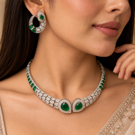Silver-Toned CZ Choker Necklace & Earring Set