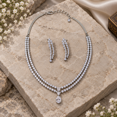 Silver-Toned CZ Double Row Necklace Set | Pear Drop Pendant
