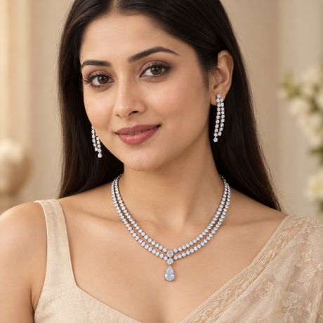 Silver-Toned CZ Double Row Necklace Set | Pear Drop Pendant