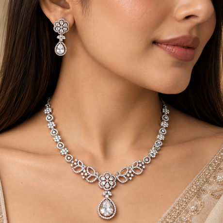 Silver-Toned CZ Necklace & Earring Set 