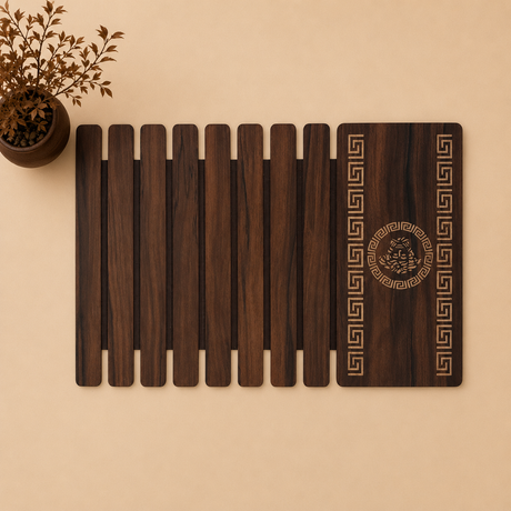Wooden placemat with decorative patterns on a beige background