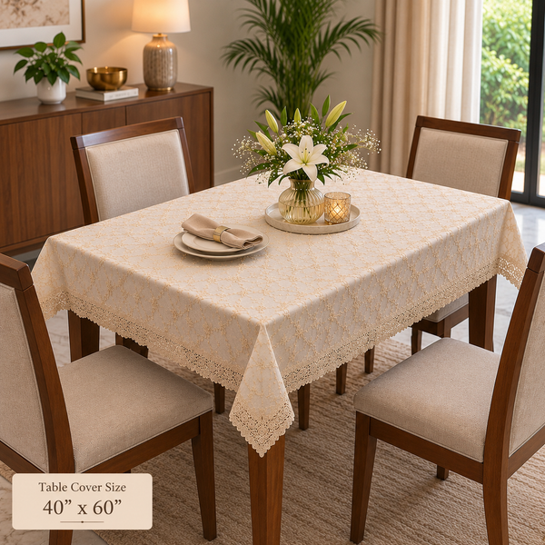 A rectangular dining table covered with a cream tablecloth featuring a subtle geometric pattern and lace-trimmed corners, surrounded by upholstered wooden chairs in a styled dining room. A floral centerpiece and candles sit on the table, with a text overlay in the bottom-left corner reading 'Table Cover Size 40" x 60"'.