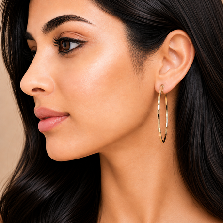Close-up of a woman wearing gold hoop earrings with a neutral background