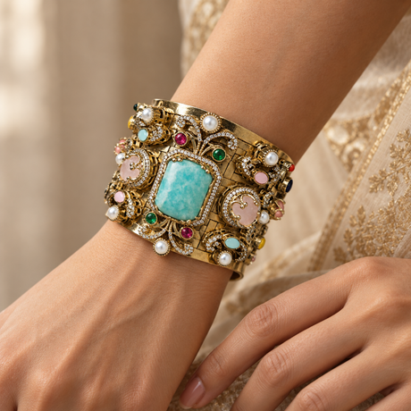 Turquoise-Tone Statement Cuff with Multicolor Cabochons