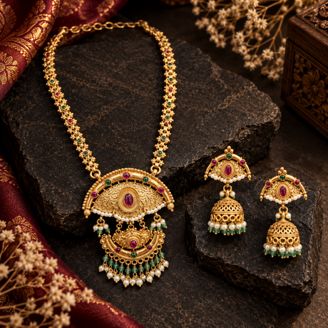 Two-Tier Fan Pendant Necklace with Jhumka Earrings