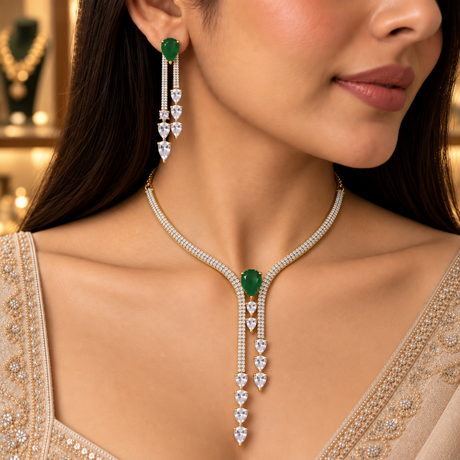 A close-up lifestyle shot of a model wearing a gold-plated necklace and matching drop earring set with emerald-cut green gemstones and heart-shaped clear stones, set against a warm, softly blurred jewelry store background.