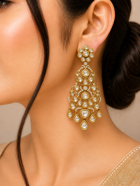 Close-up of a woman wearing a gold and pearl earring with a neutral background