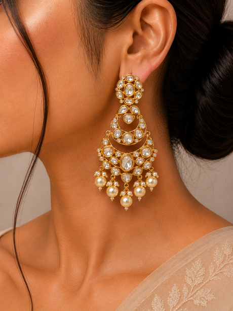 Close-up of a woman wearing a gold and pearl earring with a neutral background