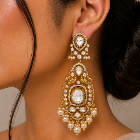 Close-up of a woman wearing gold and pearl earrings with a neutral background