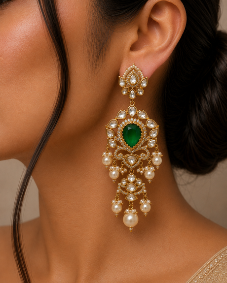 Close-up of a woman wearing an ornate earring with a green gemstone.