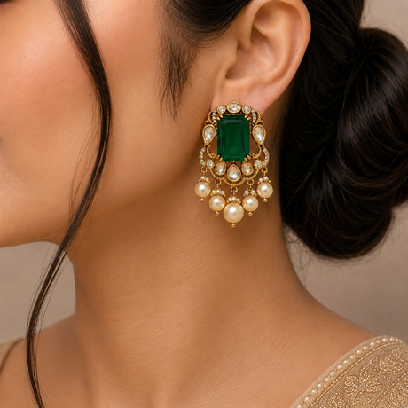 Close-up of a woman wearing a gold earring with a green gemstone and pearl details.